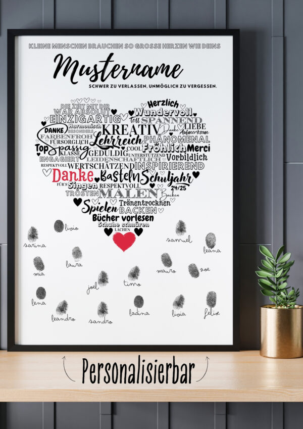 Dankeschön-Plakat für Abschlussgeschenke Grösse A4 Spielgruppe/Kindergarten Fingerabdruck